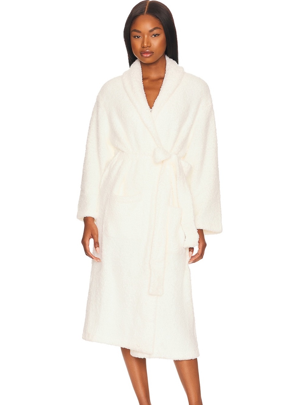 Barefoot Dreams Plush Shawl-Collar Long Robe in Cream